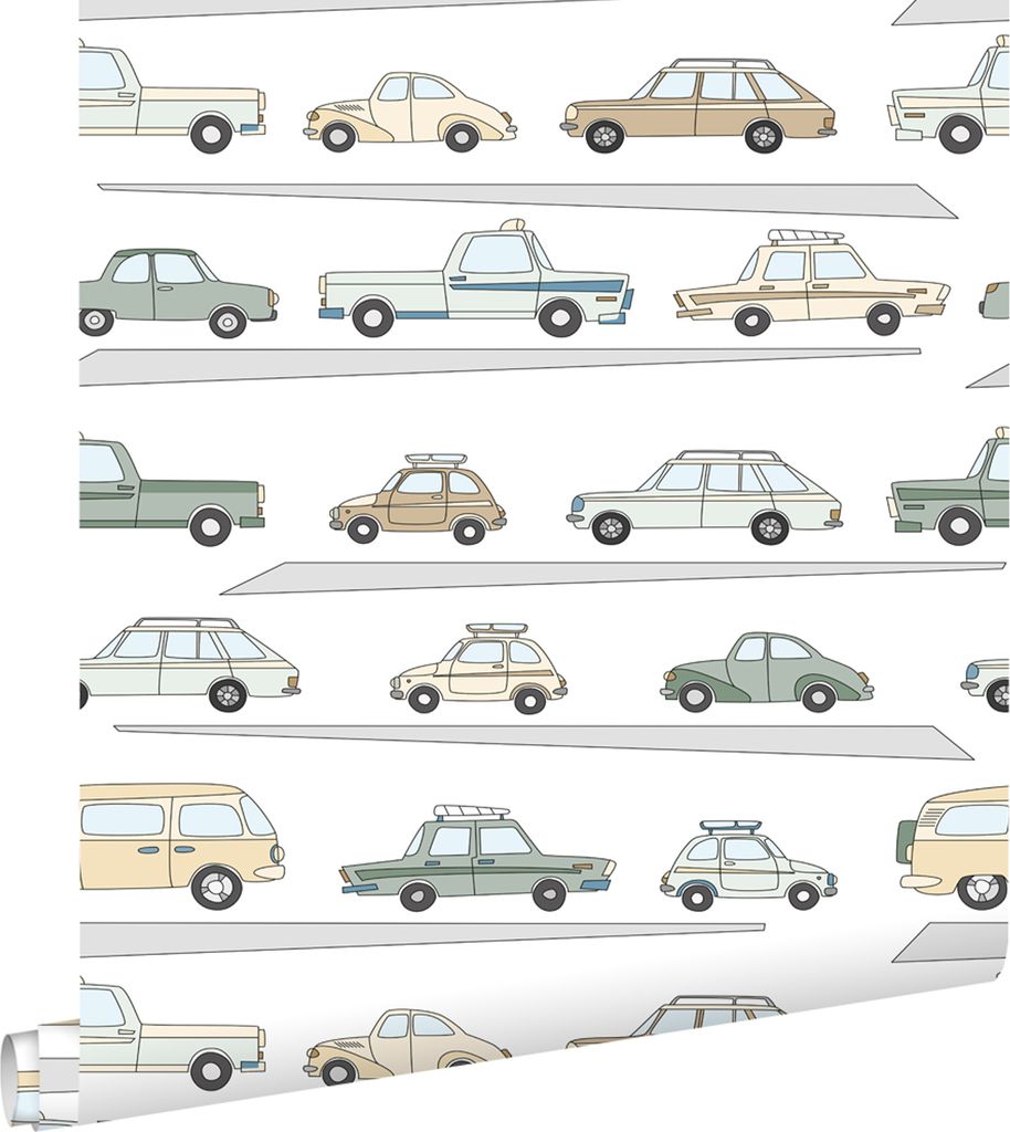 ESTAhome Tapete Autos Graugrün, Grau und Beige 50 x 900 cm