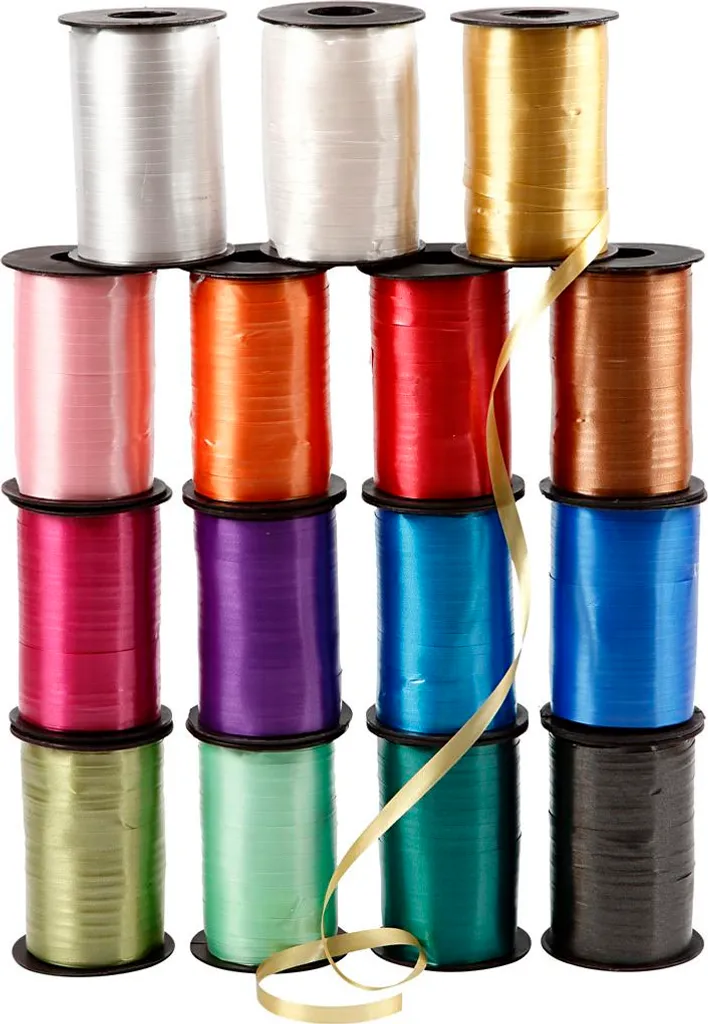 Ruban décoratif brillant 10 mm assorti - Pack de 15 rouleaux de 250 m