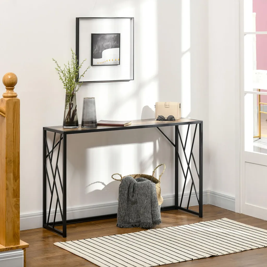Table d'entrée style industriel avec structure métal noir et bois