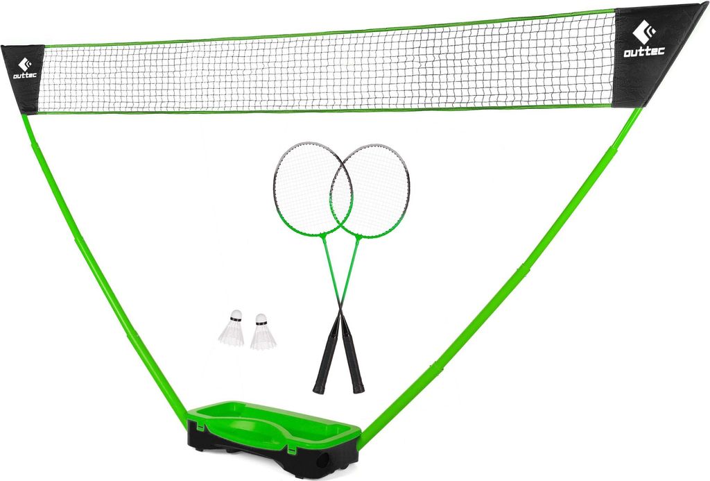 Outtec Badminton Set - 2x Schläger, 2x Federball, 1x Netz mit Pfosten, 1x Koffer - Spiel für Kinder & Erwachsene - für Outdoor, Garten, Strand