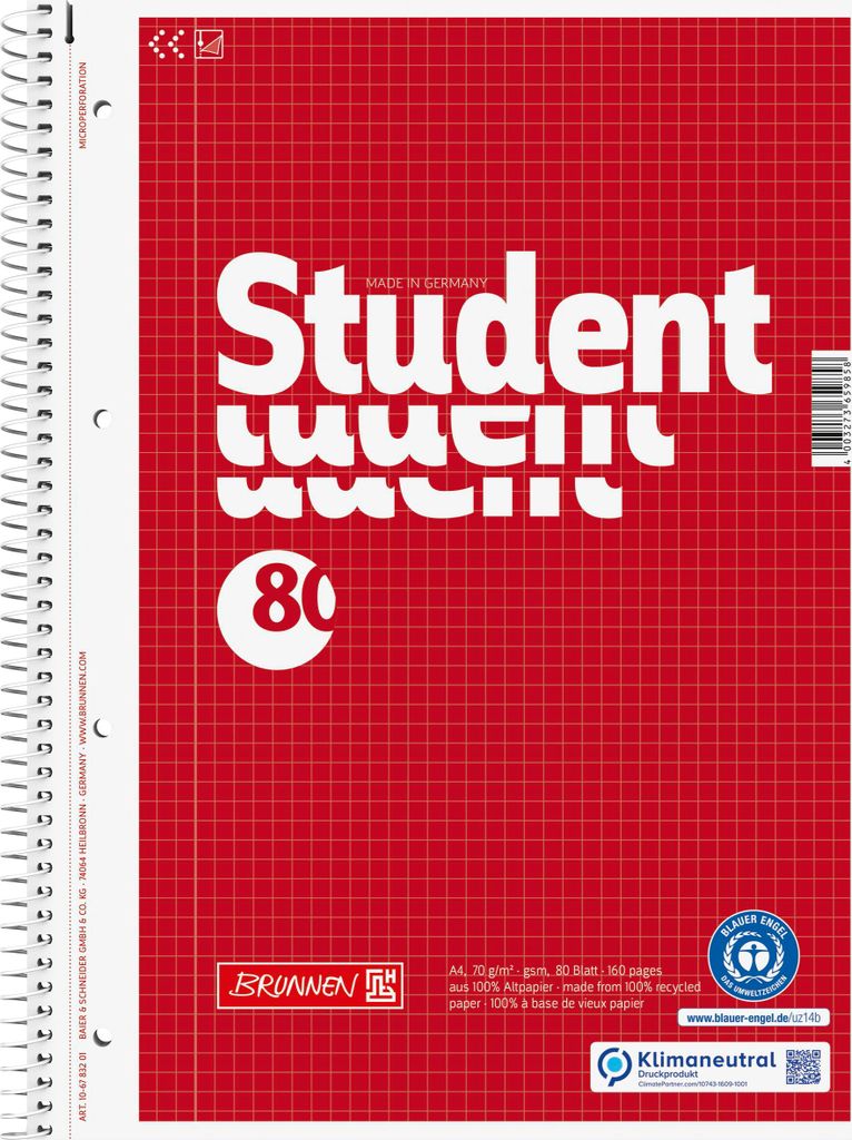 BRUNNEN 106783201 Collegeblock Student Recycling A4 5 mm Zdjęcie produktu 
