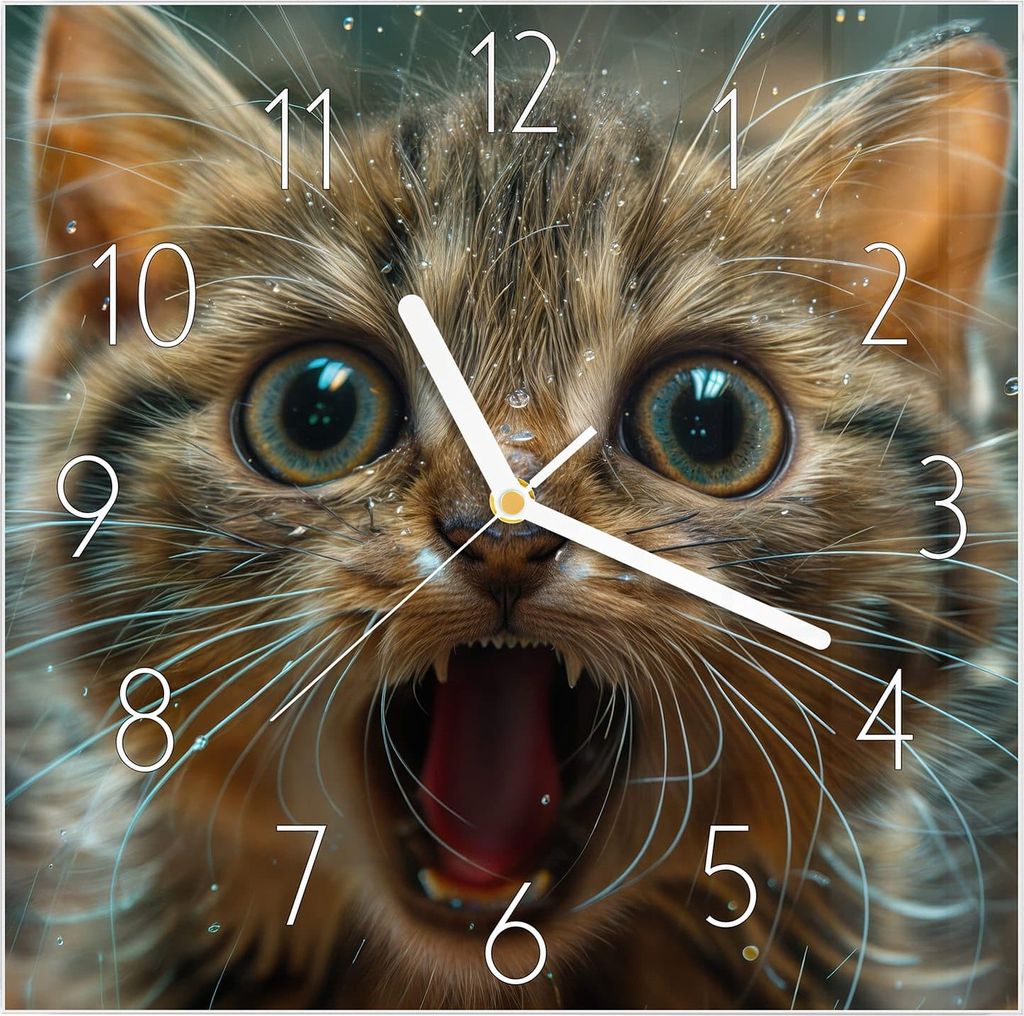 Wanduhr aus Glas mit Motiv Nasse Katze- 30 x 30 cm - inkl. Aufhängesystem