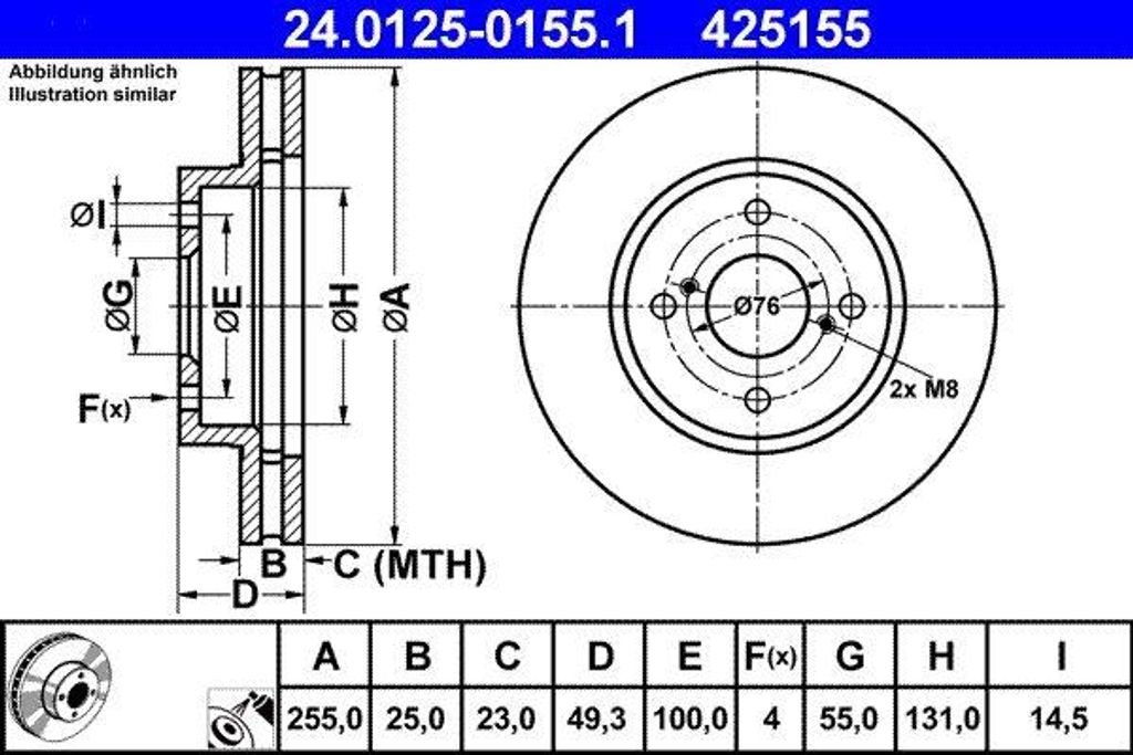 ATE 24.0125-0155.1 Bremsscheibe OE 4351202070 kompatibel mit Corolla