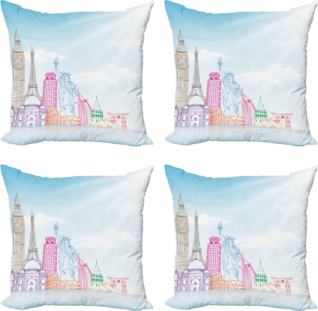 ABAKUHAUS Reise Kissenbezug Set (4 Stück), European Cities Sehenswürdigkeiten, Moderner Doppelseitiger Digitaldruck, 50 cm x 50 cm, Mehrfarbig