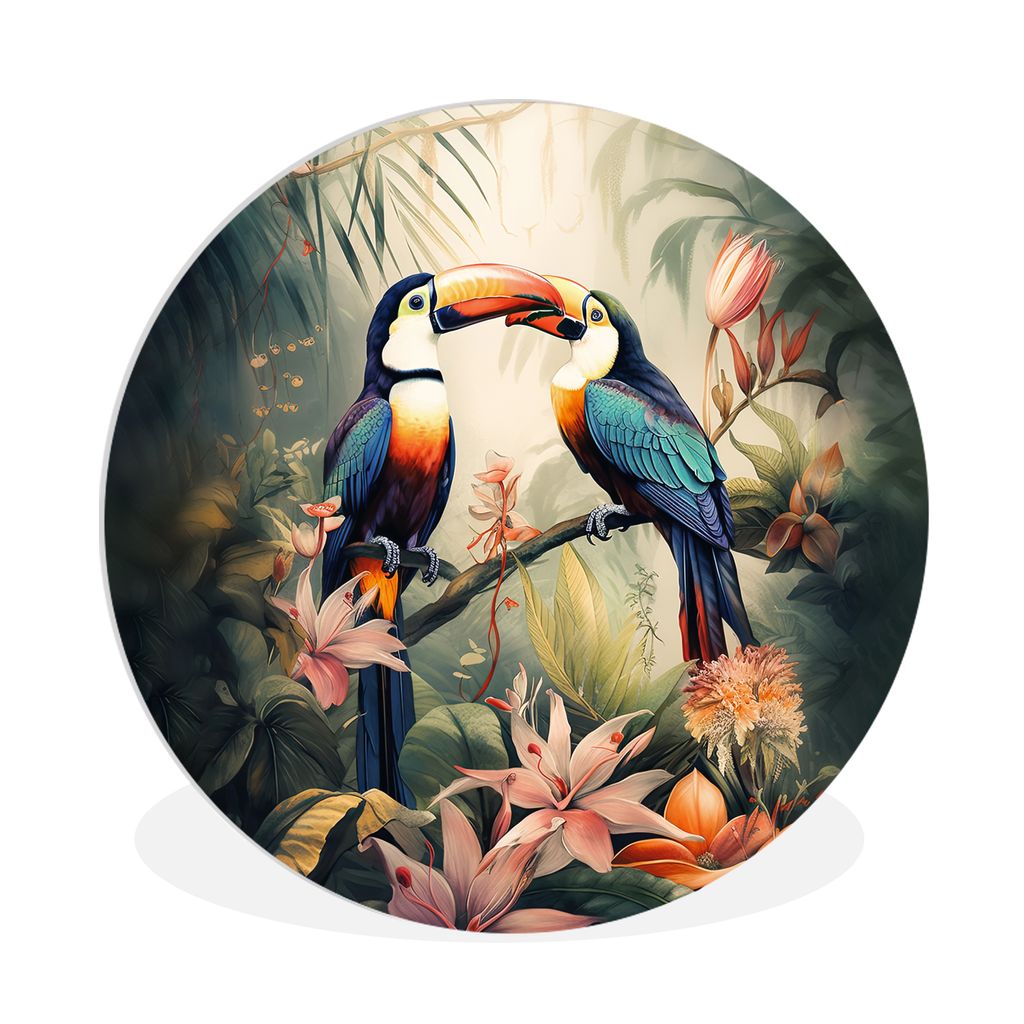 MuchoWow Rundes Wandbild - Runde Bilder Tukan - Vögel - Blumen - Natur - Dschungel Ø 90 cm Kreis Wanddekoration Kunststoff - Wandkreis - Wandsc...
