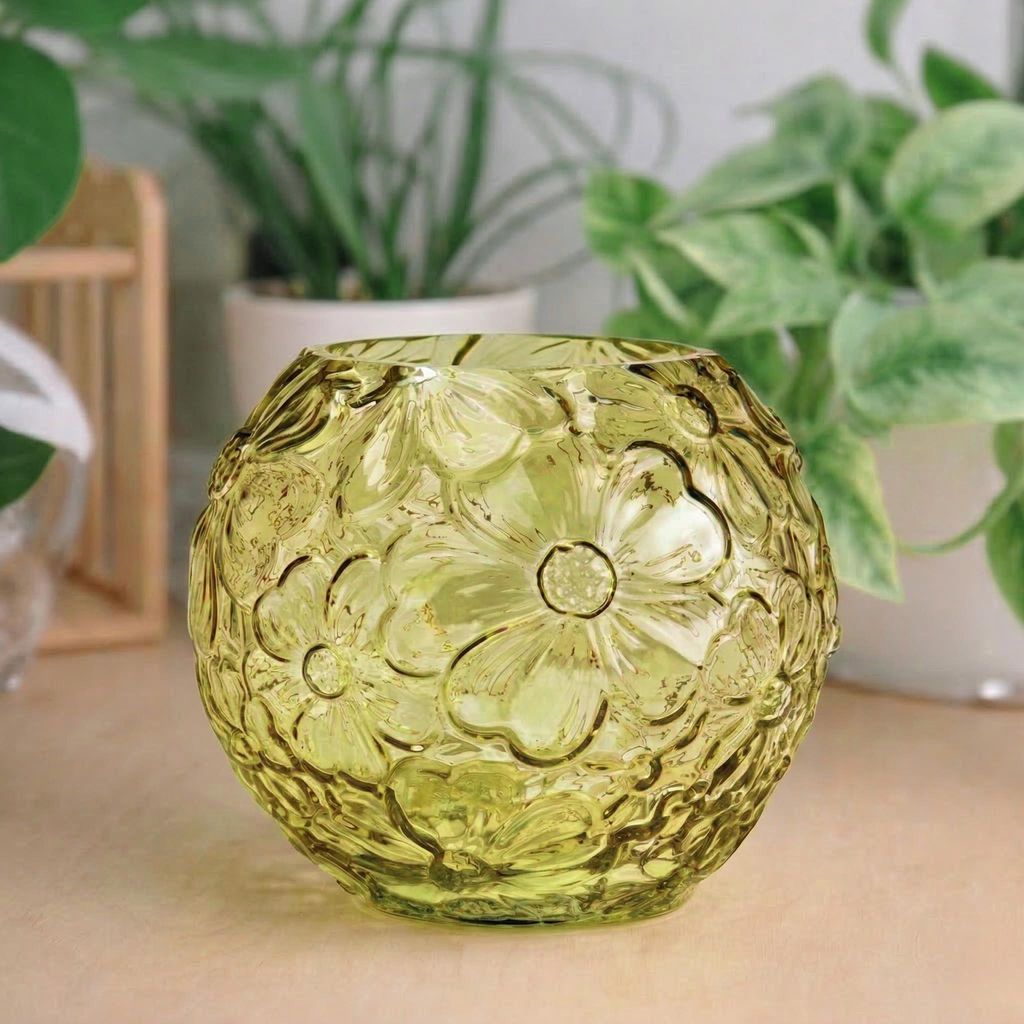 Blumenvase aus Glas in Grün mit Blumen-Muster in Ø 15 cm