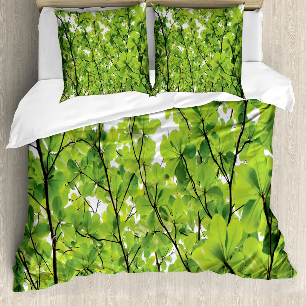 ABAKUHAUS Copripiumino Foglie, Foglie fresche estive, Antiacaro, Adatto a chi soffre di allergie, con federe, 200 cm x 200 cm - 80 x 80 cm, Verde