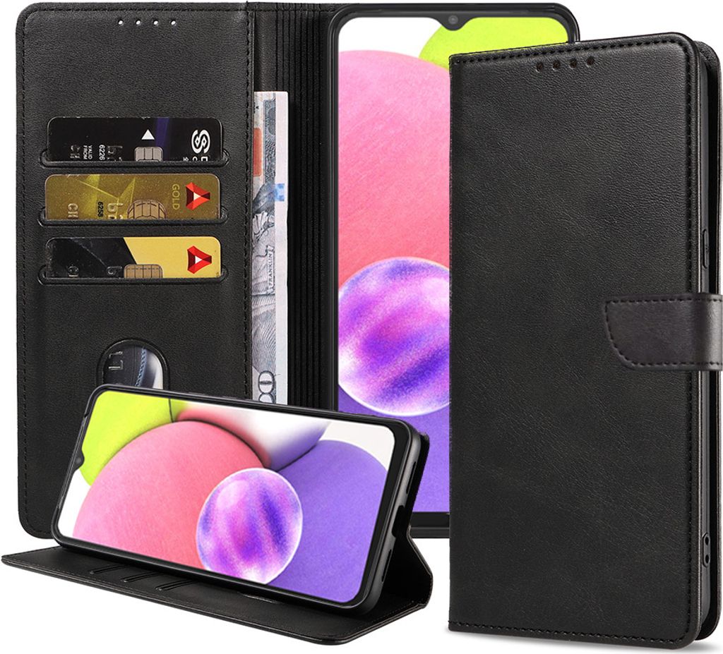 Passend für Samsung Galaxy A03s Handytasche Kunstleder mit magnetischer Lippe und Kartenhalter Buchhülle mit Klappe - Schwarz - Smartphonics