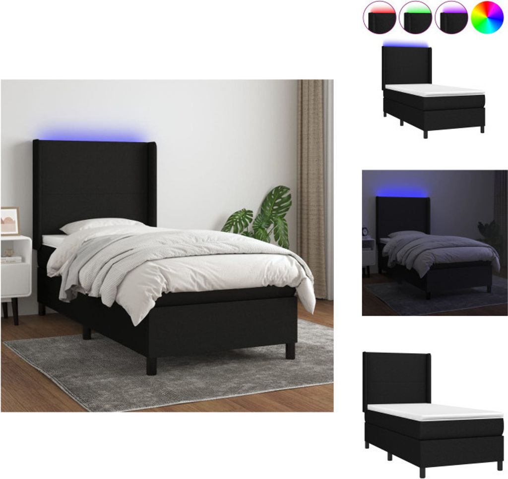 vidaXL Boxspringbett mit Matratze & LED Schwarz 90x200 cm Stoff - Betten & Bettgestelle