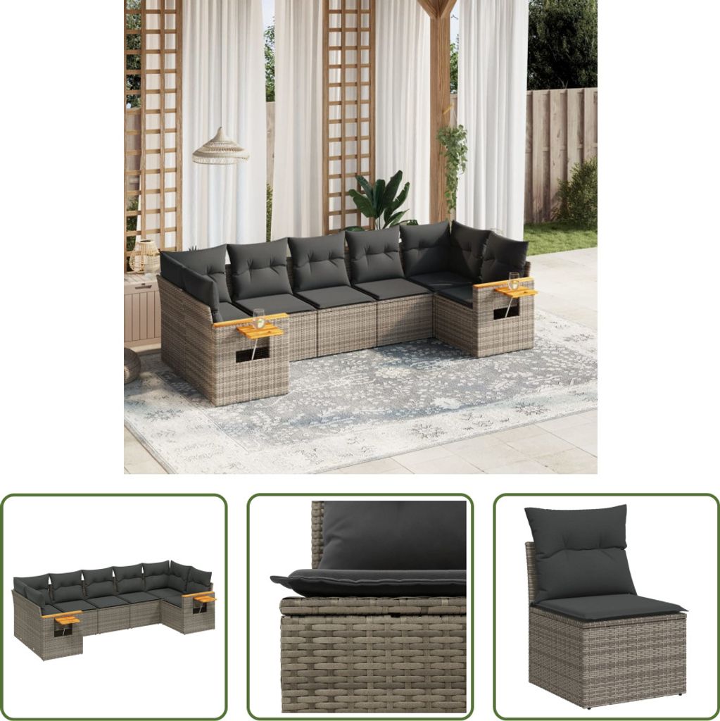 The Living Store 7-tlg. Garten-Sofagarnitur mit Kissen Grau Poly Rattan