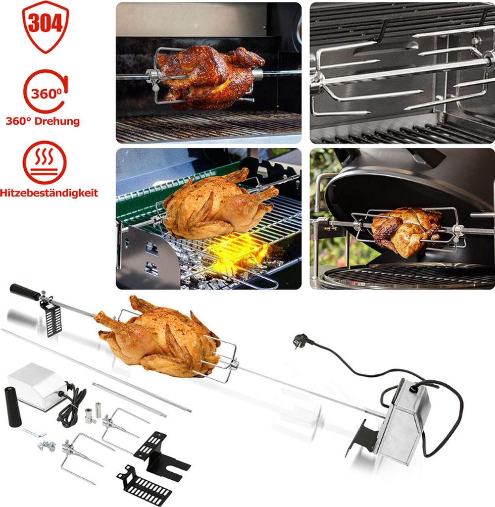 TolleTour Grillspieß Set Elektrischer Drehspieß für Gasgrill Rotisserie Grill mit 2x Fleischnadeln und Edelstahl Motor 220V-240V inkl. Motorhalt...