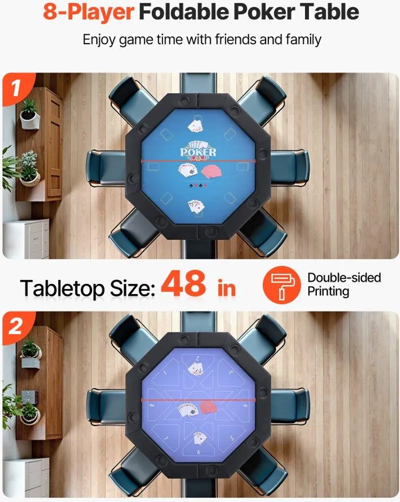 Table de poker pliable 1325mm portable - Revêtement feutrine 8 joueurs