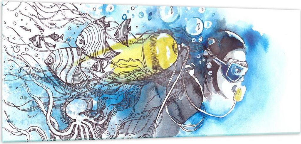 Bilder auf glas - Taucher Fische Illustration Hobby - 100x40cm - Glasbilder - Wandbilder - Kunstdruck - Wanddekoration aus Glas - Glas Bilder - Wan...