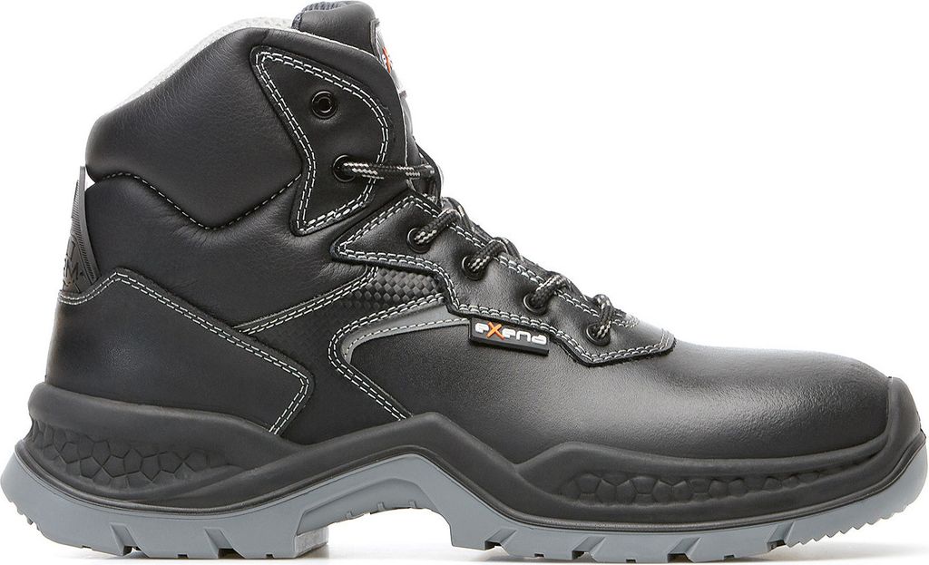 A black safety boot on a white background.