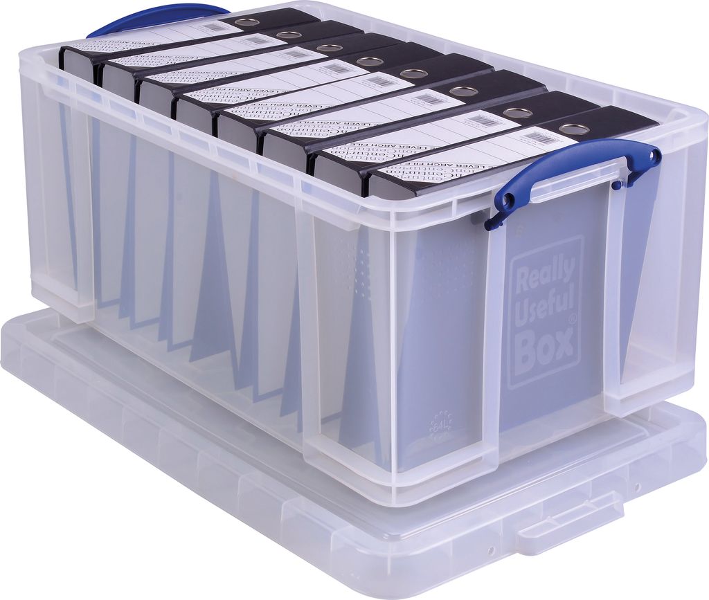 A transparent storage box filled with black binders, sitting on its lid.
