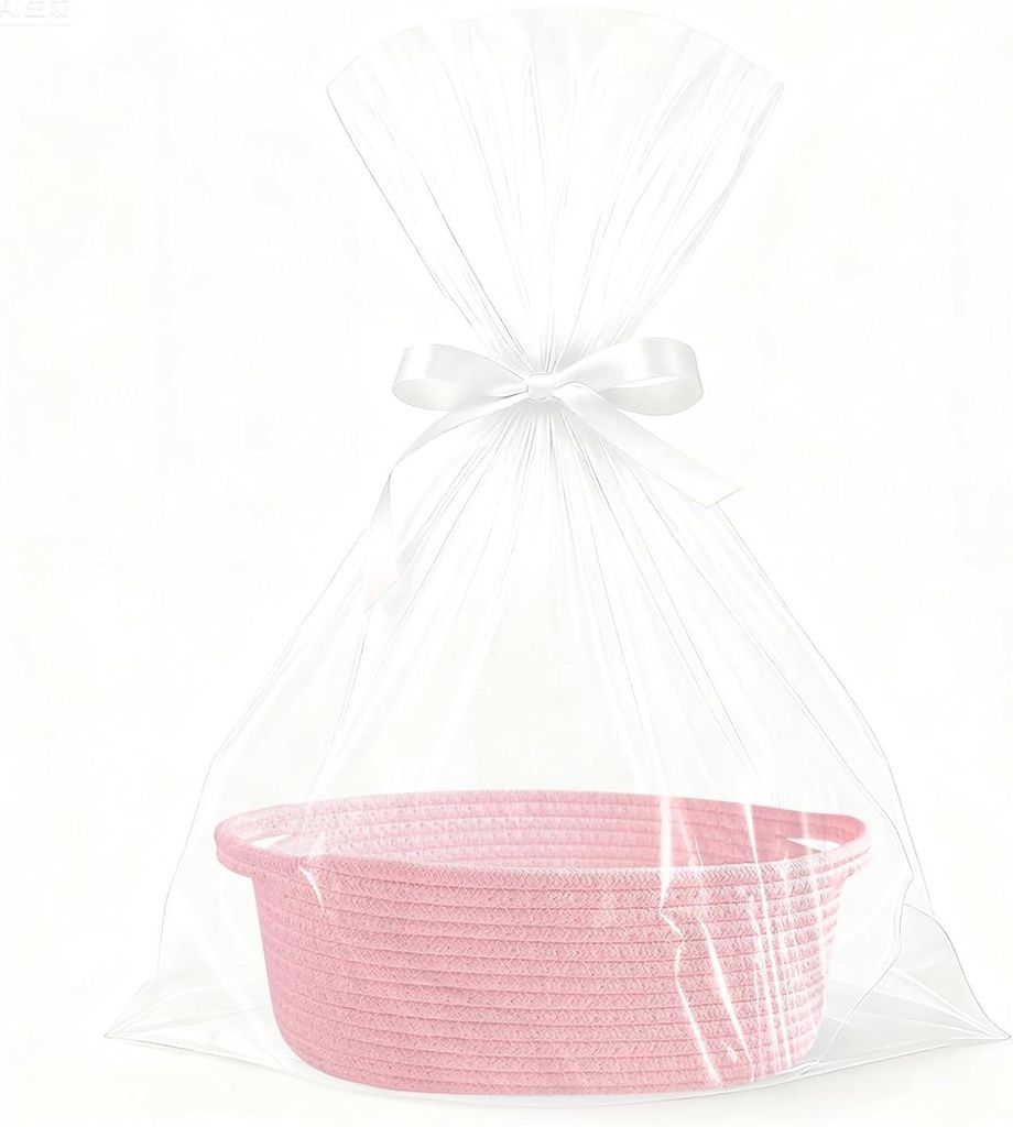 Leerer, geflochtener Geschenkkorb mit Bändern, rosa, zum Befüllen für besondere Anlässe wie Ostern oder Hochzeiten