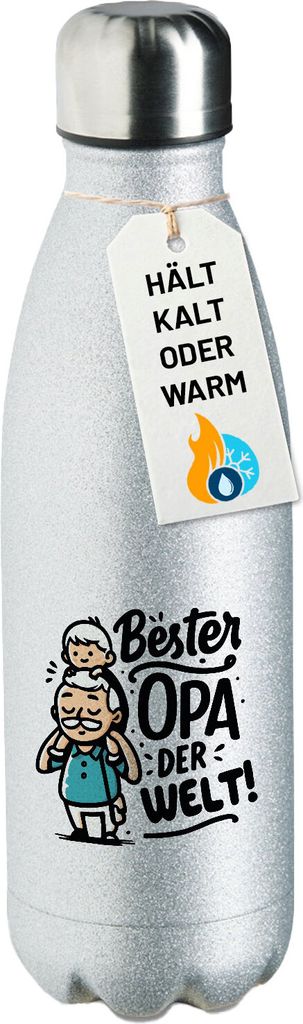 Huuraa Trinkflasche Bester Opa der Welt 500ml Silver Edelstahl Wasserflasche Trinkflasche Geschenkidee