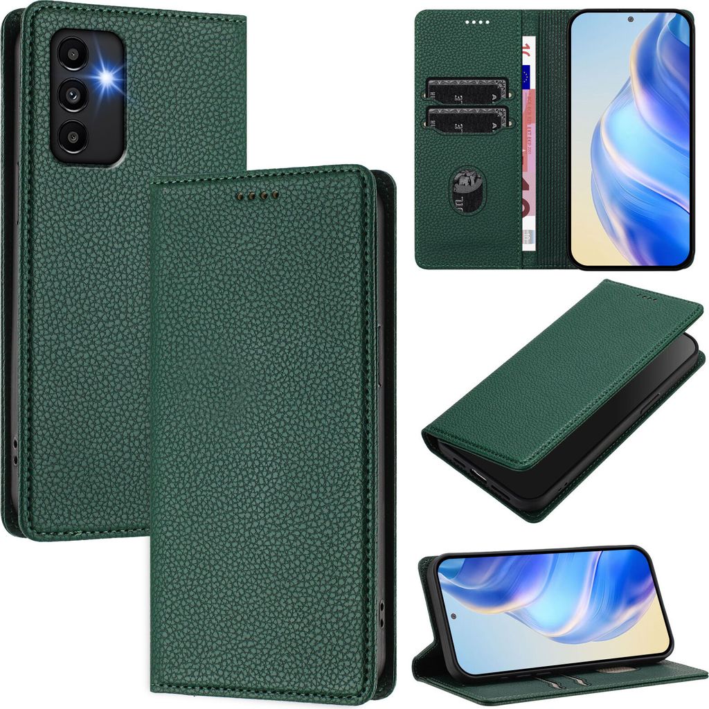 Litchi Leder Handyhülle für Samsung Galaxy A13/A04S/A04/M13 5G Wallet Kartenfächer Standfunktion Hülle Grün