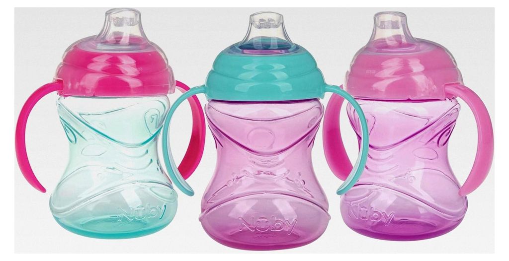 Clik-It Grip N' Sip Schnabeltasse mit Griffen, weichem Auslauf, auslaufsicher, 284 ml, ab 4 Monaten, Aqua/Violett/Rosa, 3 Stück