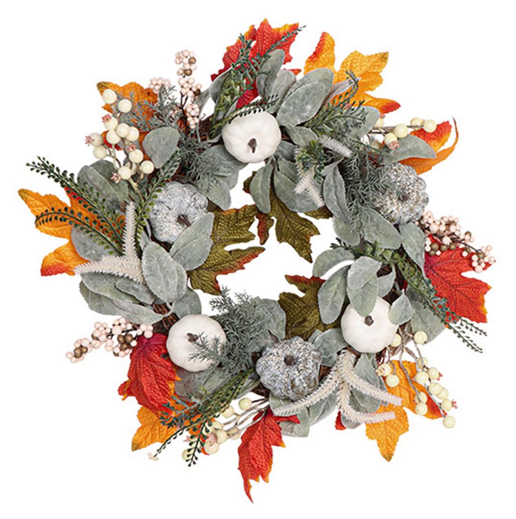Herbstkranz aus künstlichen weißen Kürbissen, Ahornblättern, Tannenzapfen und Beeren, handgefertigt im Landhausstil, Herbstdekoration für Zuha...