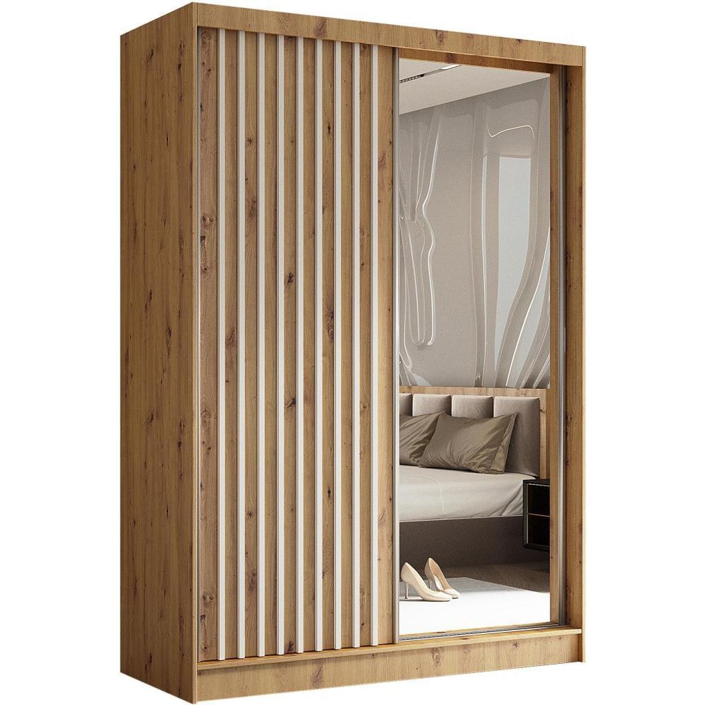 Schwebetürenschrank HELIX 150 cm Artisan/Weiß – 2-türig, Kleiderschrank mit 2 Schubkasteneinsätze, Lamellen & Spiegel & Schiebetüren