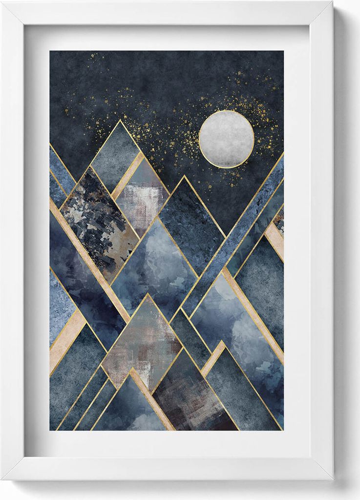 Abstrakte Landschaft mit Bergen bei Nacht und Mond– Wandbild mit Rahmen – Gerahmtes Bild – Wanddekoration – 20x30 cm – Weiß