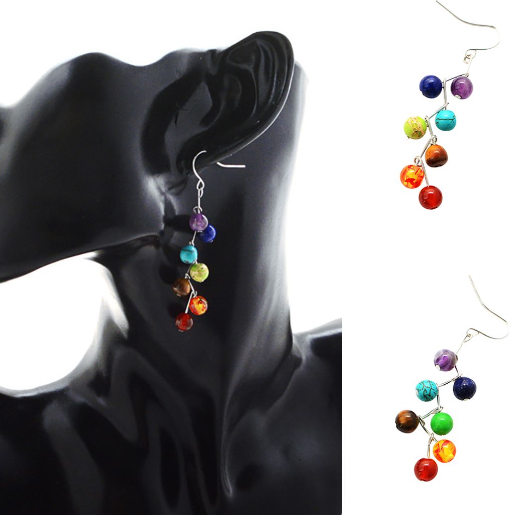 Frauen Mode Yoga 7 Chakra Stein Bunte Perlen Tropfen Haken Ohrringe Schmuck