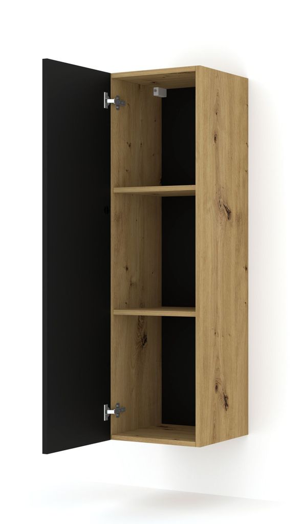 A wall-mounted cabinet with one door open, showing three shelves inside.