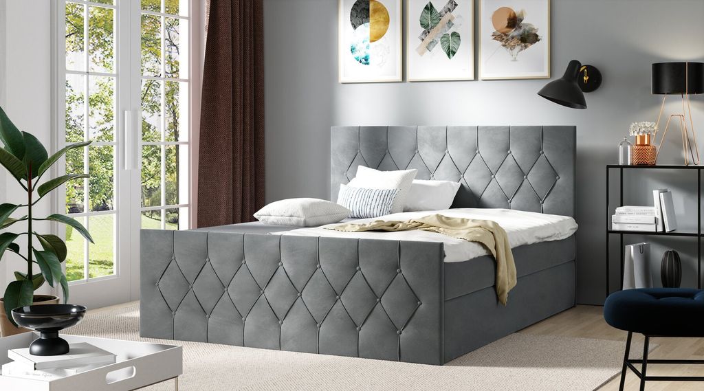 Polsterbett TIBOR LUX – 160x200, Grau + GRATIS Topper
