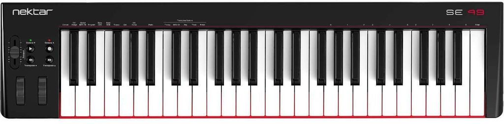 A top-down view of a black Nektar Impact SE49 MIDI keyboard with white keys.
