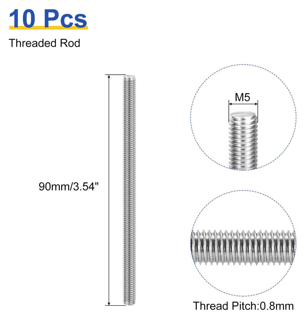 10 Stš¹ck Gewindestange M5 x 90mm Vollgewinde Stange 304 Edelstahl Rechtsgewinde St?be fš¹r Ankerbolzen, Klemmen, Haken und U-Bolzen, 0,8 Gewin...