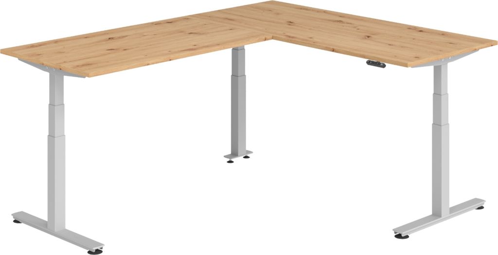 bümö Eckschreibtisch elektrisch höhenverstellbar L-Form - Gestell: Silber, Nachbildung: Asteiche, Größe: Eckschreibtisch 180 x 240 cm
