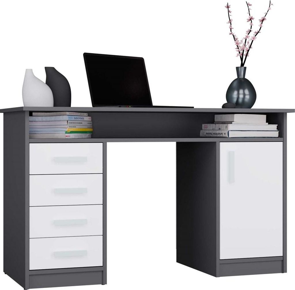 Schreibtisch Ada Anthrazit / Weiß 125 cm 4 Schubladen Schrank Regale