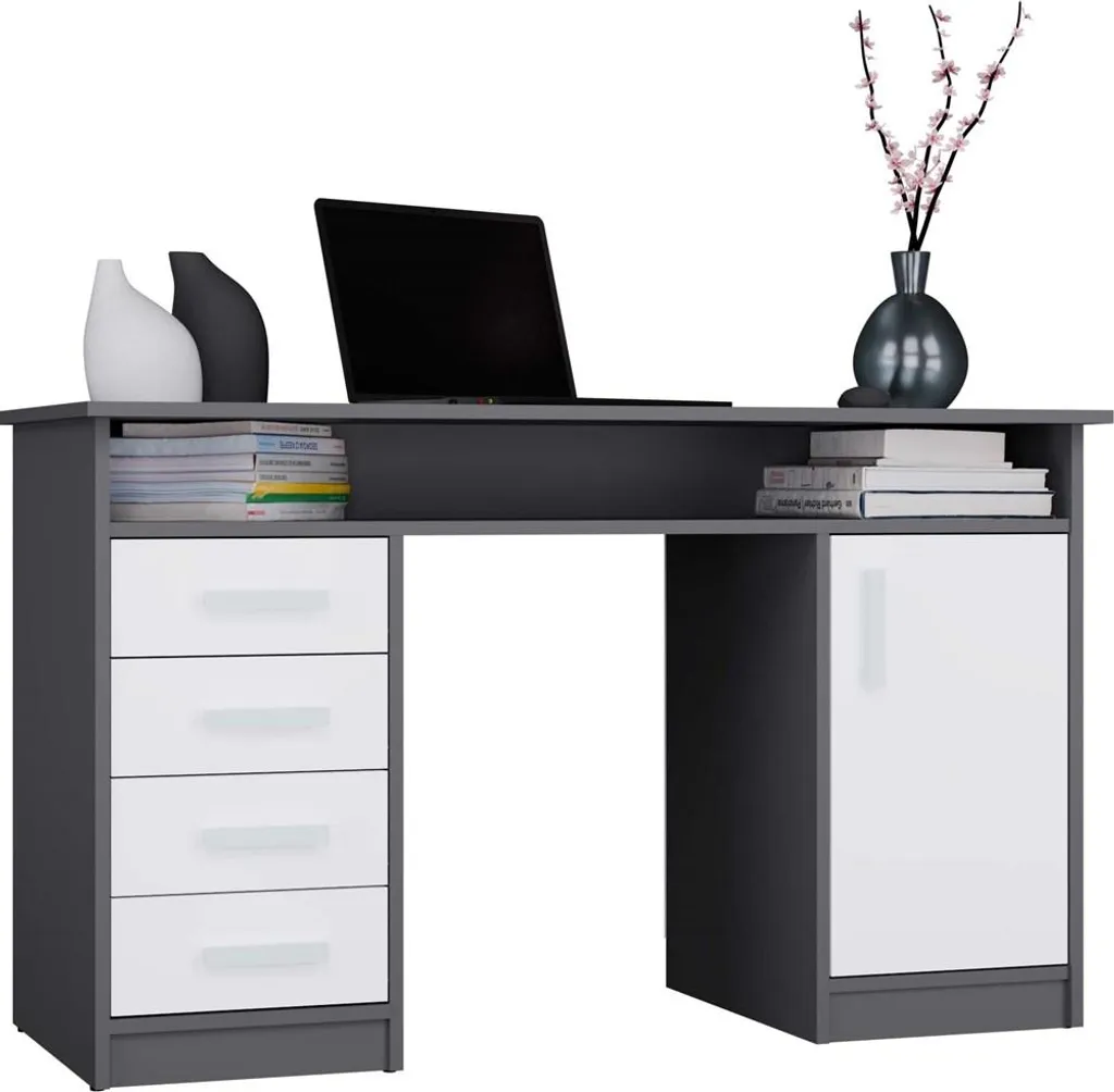 Bureau ADA Anthracite et Blanc 125 cm avec 4 Tiroirs et Étagères Bureau
