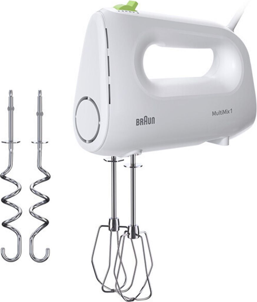 A white Braun hand mixer with green accents and two sets of attachments against a white background.