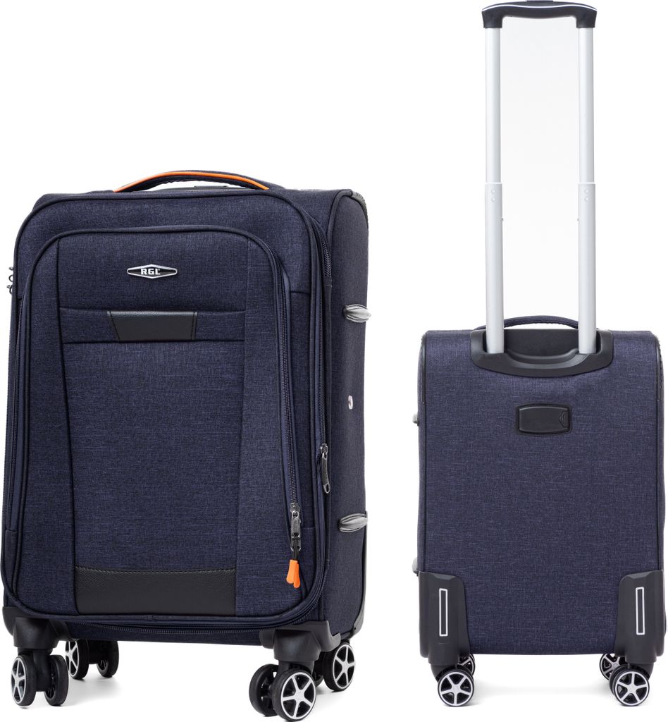 Two views of a navy blue suitcase against a white background.
