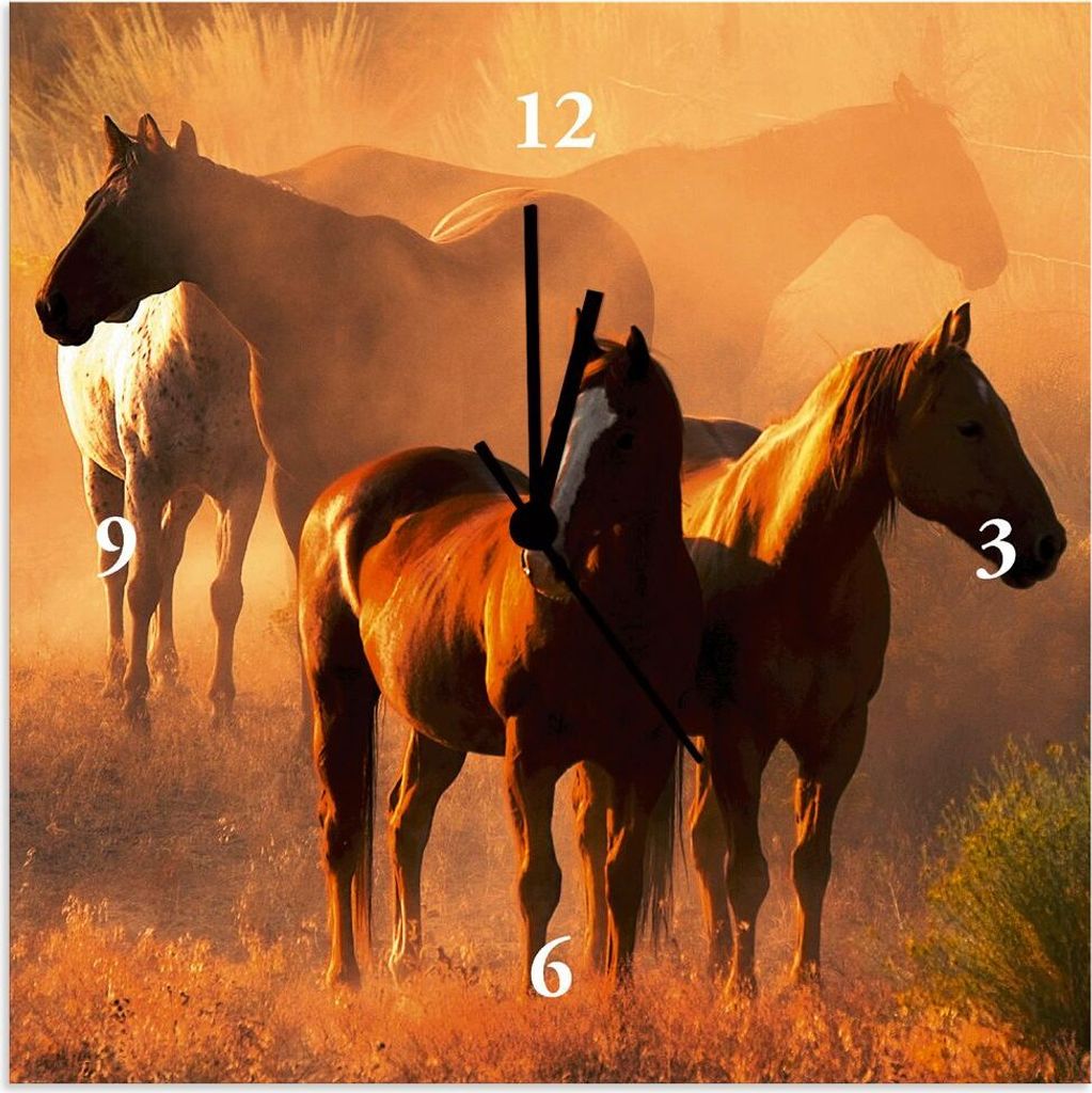 ARTland Wanduhr auf Alu Funkuhr - schwarzer Zeiger Friedliche Versammlung - Pferde Größe: 30x30 cm