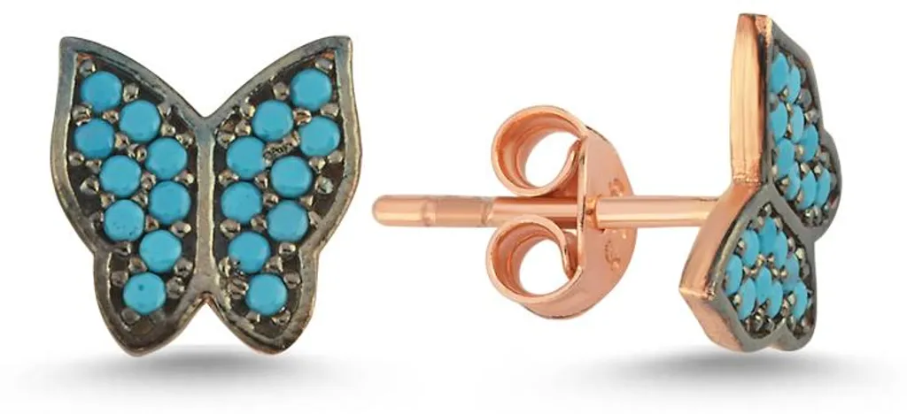 Boucles d'oreilles dormeuses papillon turquoise en argent plaqué rose