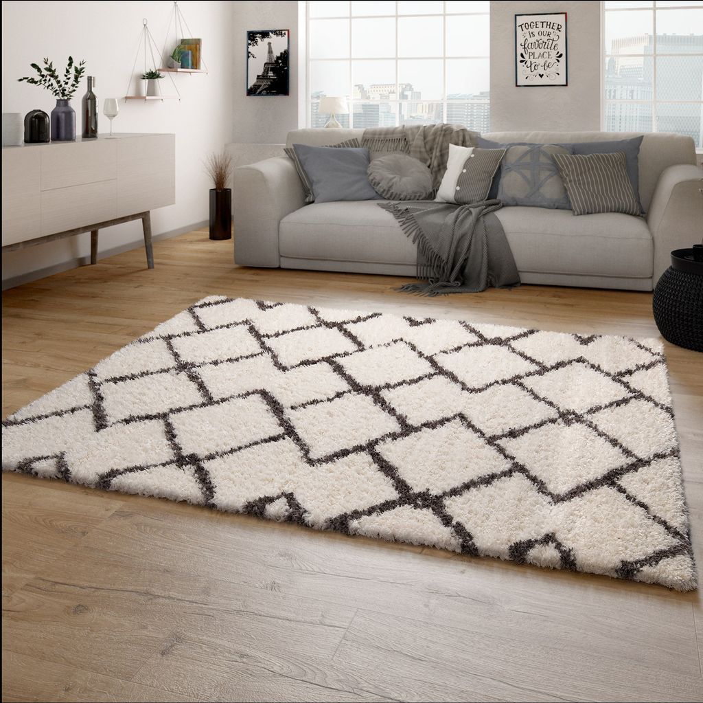 Hochflor Teppich Wohnzimmer Shaggy Langflor Skandinavisches Rauten Muster Modern Grösse 160x230 cm