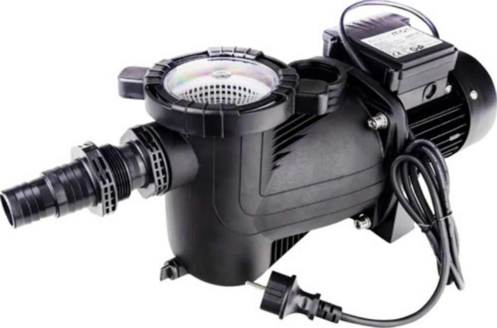 A black water pump with a clear filter basket on a white background.