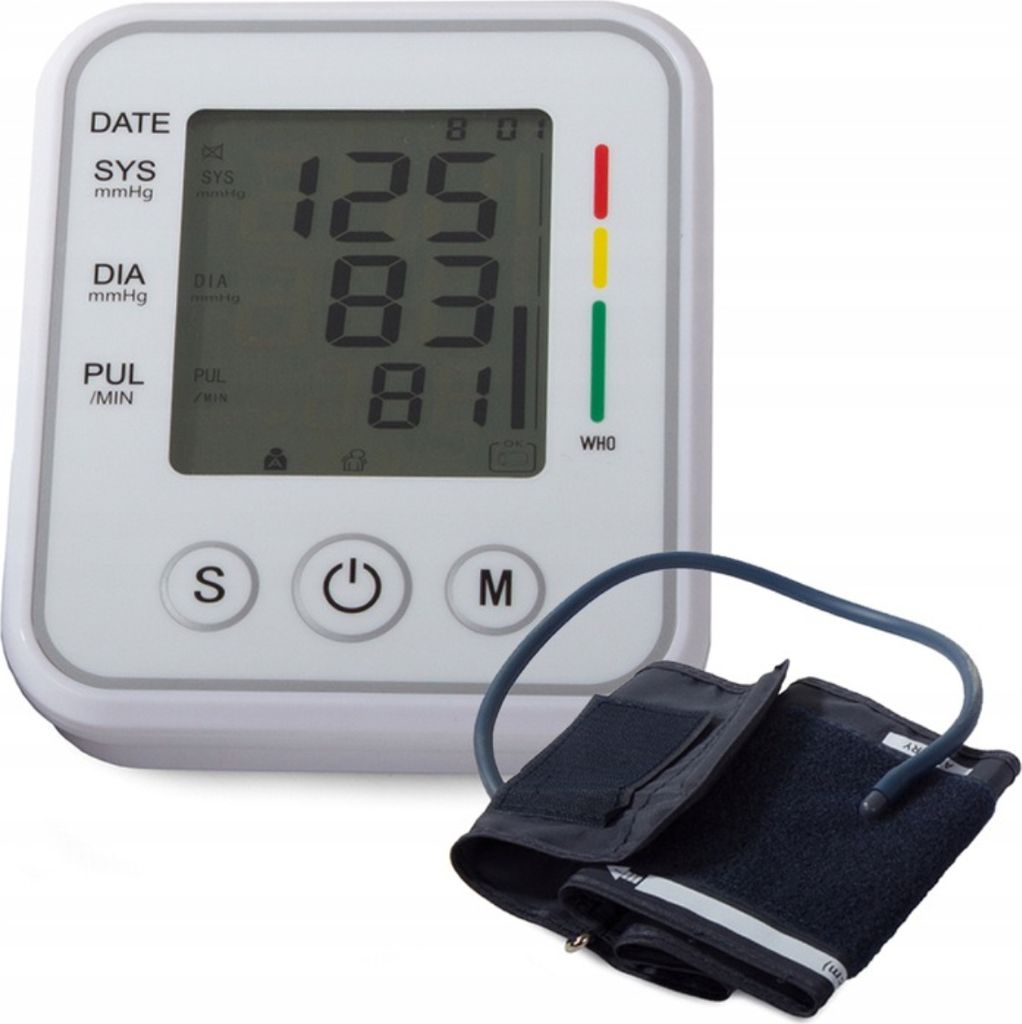 A digital blood pressure monitor with its cuff is shown against a white background.