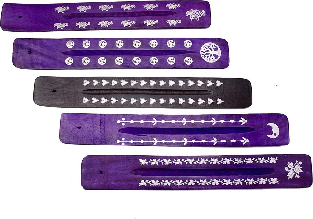 Räucherstäbchenhalter 5-er Set, aus Sheesham-Holz, Handarbeit, mit individuellen Verzierung in Farben Schwarz und Lila. Halter für Räucherstäb...