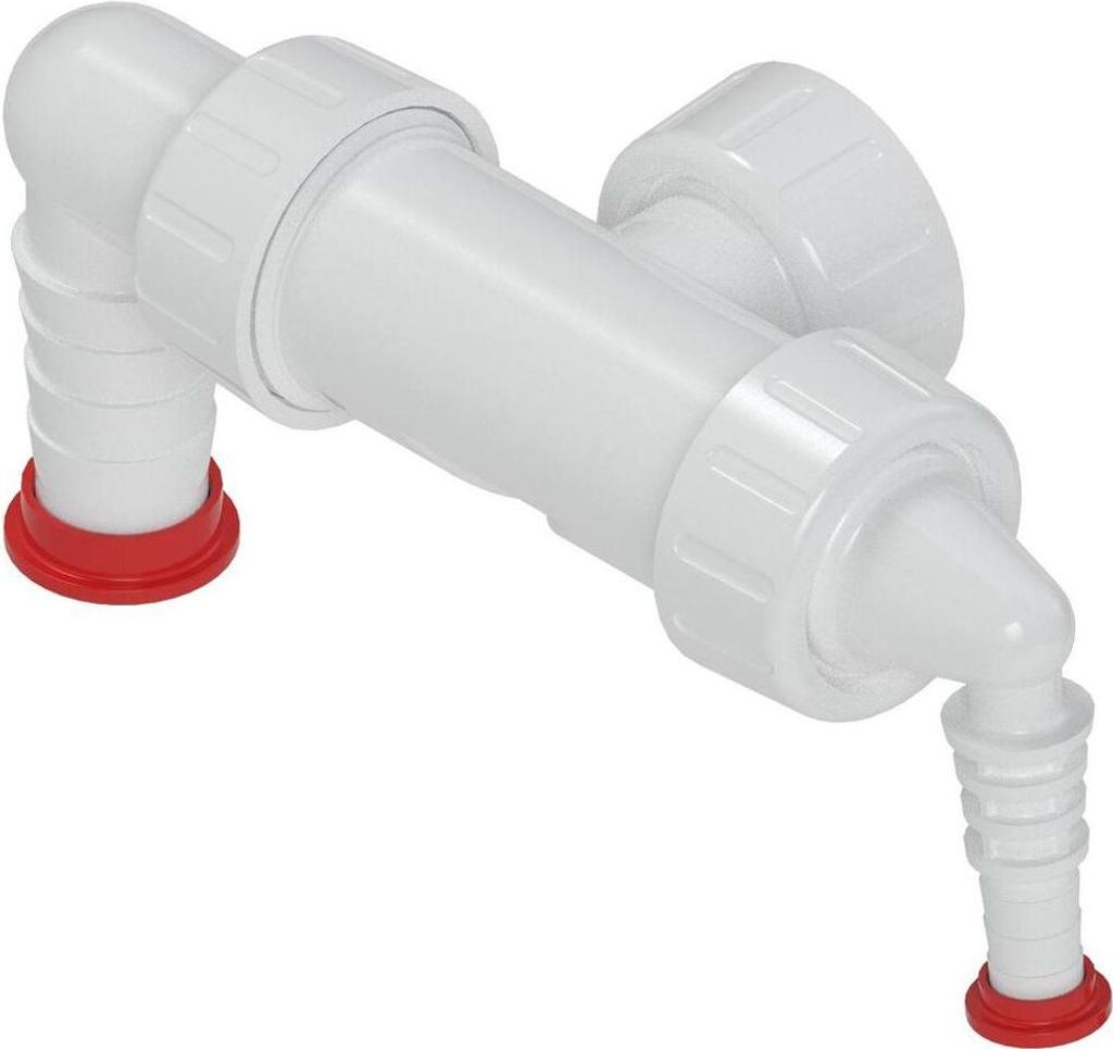 A white plumbing siphon with red accents against a white background.
