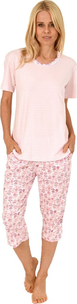 Eleganter Damen Capri Pyjama Schlafanzug kurzarm mit Spitzenbesatz – auch in Übergrössen ; rosa , 60