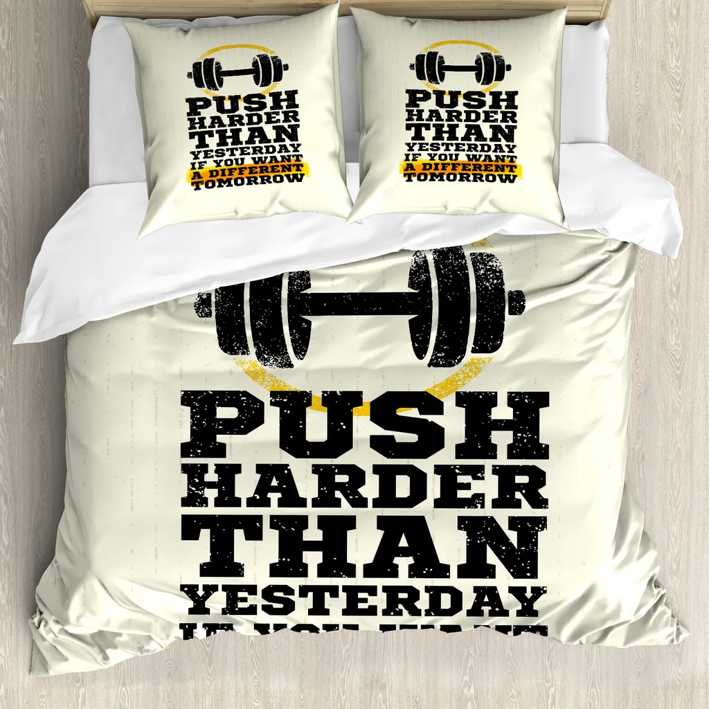 Copripiumino ABAKUHAUS Fitness, frase stampata in rilievo, antiacaro, adatto a chi soffre di allergie, con federe, 155 cm x 220 cm - 80 x 80 cm, crema-nero-giallo