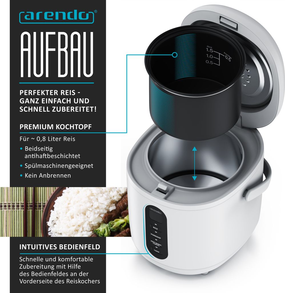Arendo Rice Cooker digital 0,8 l s odmerkou a lyžicou na Obrázok produktu 3