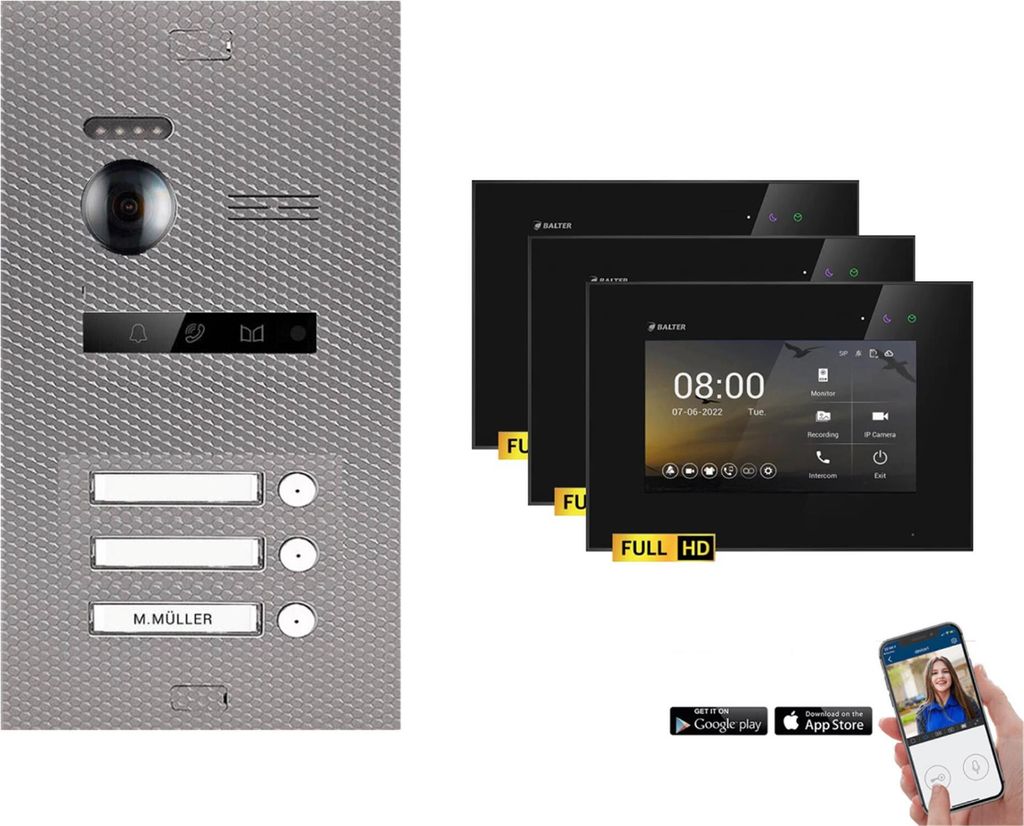 BALTER EVO HD Karbon-Silber Video Türsprechanlage Set 3 Teilnehmer 3x 7" WLAN Monitor Schwarz