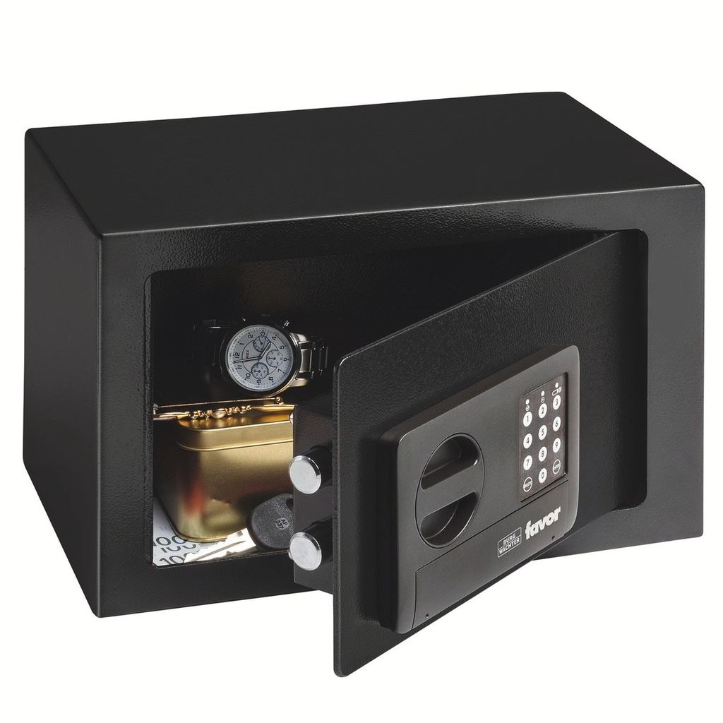 An open black safe with a watch, a gold box, and keys inside.