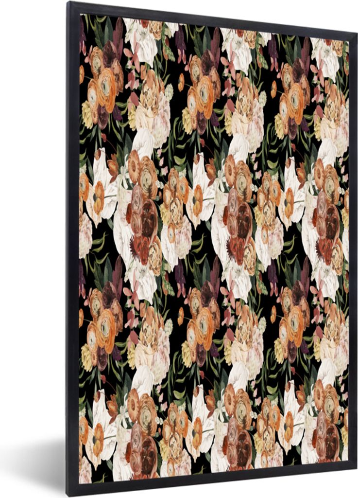 MuchoWow MuchoWow Gerahmtes Poster Blumen - Braun - Muster 60x90 cm - Poster mit zchwarzem Bilderrahmen - Kunst