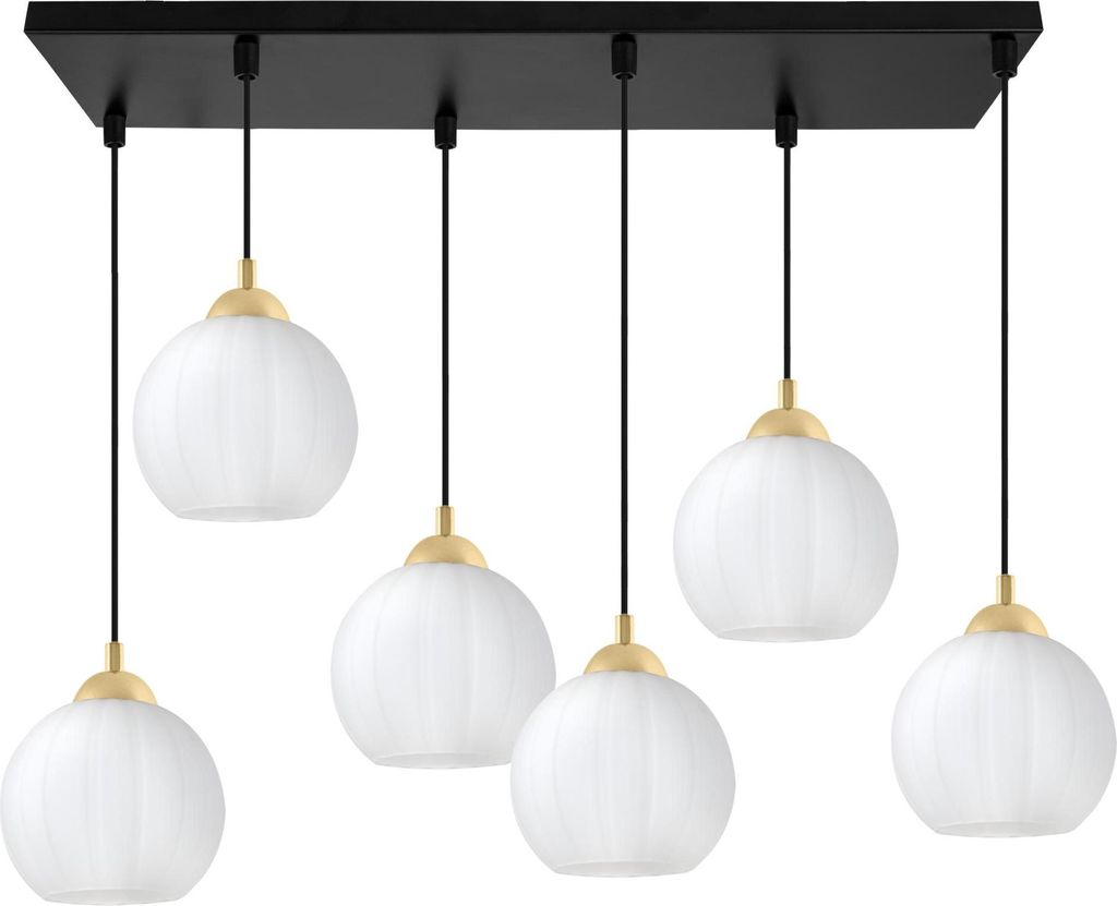Hängeleuchte Costa schwarz-gold 6-flammig mit weißen Kugeln E27 – elegante Pendelleuchte für stilvolle Innenbeleuchtung